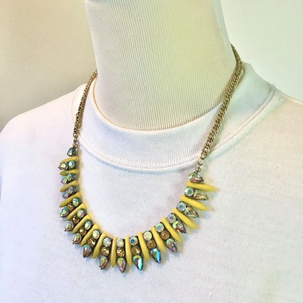 Rhinestone Necklace 21 Inch Gold Tone Chain Yellow Spike Statement Necklace